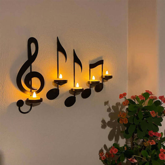 MusicCandle - Schwarzer Musiknoten-Wandkerzenhalter